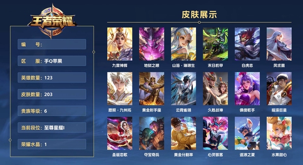 王者荣耀账号苹果QQ手Q苹果 123英雄 203皮肤 贵族等级6 已兑换荣耀水晶数1  九霄神辉 地狱之眼 山海·琳琅生 末日机甲 白虎志 凤求凰 愿照·九州拓 黄金射手座 云霓雀翎 久胜战神 偶像歌手 摇滚巨星 ...