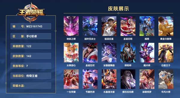 王者荣耀账号安卓QQ手Q安卓【小国 云中君】 122英雄 142皮肤 贵族等级7 地狱之眼 超时空战士 摇滚巨星 圣诞恋歌 梅西 黄金分割率 水果甜心 圣诞狂欢 冰雪圆舞曲 阴阳师 魔术师 白昼王子 一生所爱 节奏热
