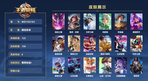 王者荣耀账号苹果VX微信安卓 122英雄 150皮肤 贵族等级7  地狱之眼 寅虎·赤拳 无双飞将 鸣野蒿 李逍遥  偶像歌手 摇滚巨星 黎明之约 圣诞恋歌 黄金分割率 心灵骇客 乒乒小将 逐浪之夏 心灵战警 水果...