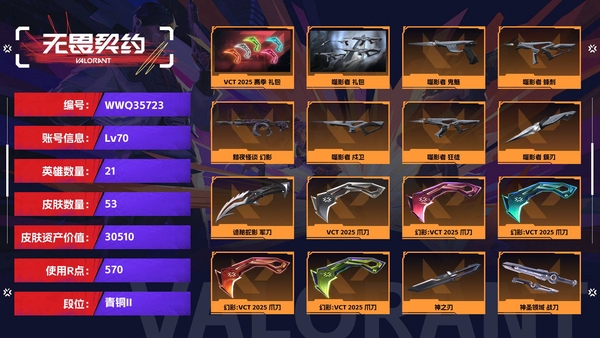 无畏契约账号QQ【等级】70【段位】青铜II【皮肤资产价值】30510【使用R点】570【英雄数量】21【皮肤数量】53【卡面数量】57【喷漆数量】45【挂饰数量】61【套装】VCT 2025 赛季 礼包，噬影...
