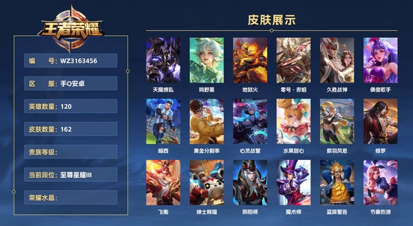 王者荣耀账号安卓QQ手Q安卓 120英雄 162皮肤  天魔缭乱 鸣野蒿 地狱火 零号·赤焰 久胜战神 偶像歌手 梅西 黄金分割率 心灵战警 水果甜心 箭羽风息 修罗 飞衡 绅士熊喵 阴阳师 魔术师 蓝屏警告 节奏...