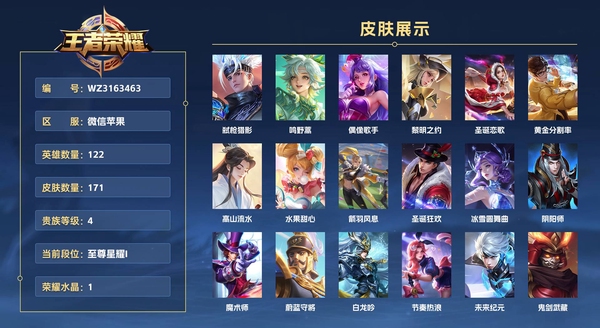 王者荣耀账号苹果VX微信苹果 122英雄 171皮肤 贵族等级4 已兑换荣耀水晶数1  弑枪猎影 鸣野蒿 偶像歌手 黎明之约 圣诞恋歌 黄金分割率 高山流水 水果甜心 箭羽风息 圣诞狂欢 冰雪圆舞曲 阴阳师 魔术师...