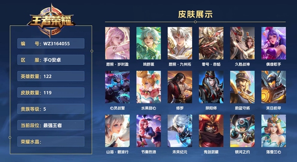 王者荣耀账号安卓QQ手Q安卓 122英雄 119皮肤 贵族等级5  愿照·岁时盈 鸣野蒿 愿照·九州拓 零号·赤焰 久胜战神 偶像歌手 心灵战警 水果甜心 修罗 阴阳师 蔚蓝守将 末日机甲 山海·碧波行 节奏热浪 ...