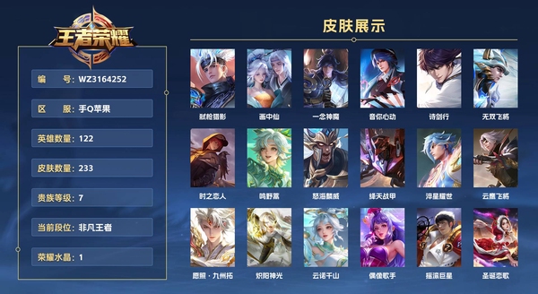 王者荣耀账号苹果QQ手Q苹果 122英雄 233皮肤 贵族等级7 已兑换荣耀水晶数1  弑枪猎影 画中仙 一念神魔 音你心动 诗剑行 无双飞将 时之恋人 鸣野蒿 怒海麟威 绛天战甲 淬星耀世 云鹰飞将 愿照·九州拓...
