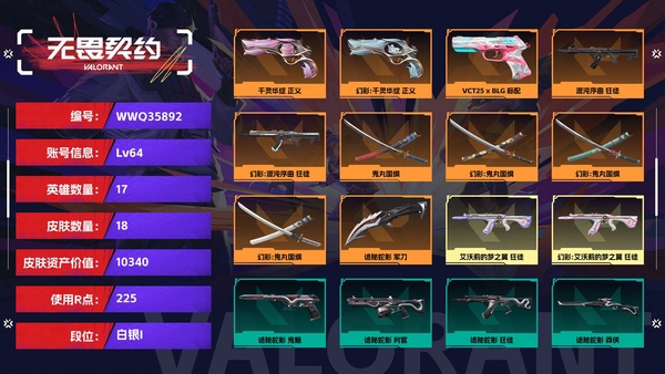 无畏契约账号QQ【等级】64【段位】白银I【皮肤资产价值】10340【使用R点】225【英雄数量】17【皮肤数量】18【卡面数量】33【喷漆数量】22【挂饰数量】30【随身武器】千灵华绽-正义,VCT25-x-...