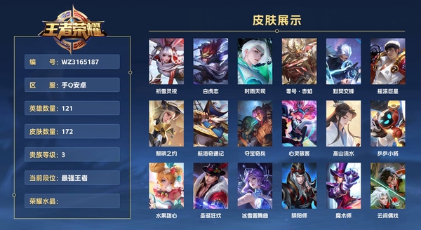 王者荣耀账号安卓QQ手Q安卓 121英雄 172皮肤 贵族等级7 祈雪灵祝 白虎志 时雨天司 零号·赤焰 默契交锋 摇滚巨星 黎明之约 航海奇遇记 夺宝奇兵 心灵骇客 高山流水 乒乒小将 水果甜心 圣诞狂欢 冰雪...