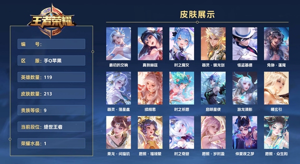 王者荣耀账号苹果QQ手Q苹果 119英雄 213皮肤 贵族等级9 已兑换荣耀水晶数1  最初的交响 真我赫兹 时之魔女 器灵·螭龙剑 怪盗基德 兔狲·蓬尾 器灵·落星盏 续相思 时之祈愿 启明星使 游龙清影 曦玄引...