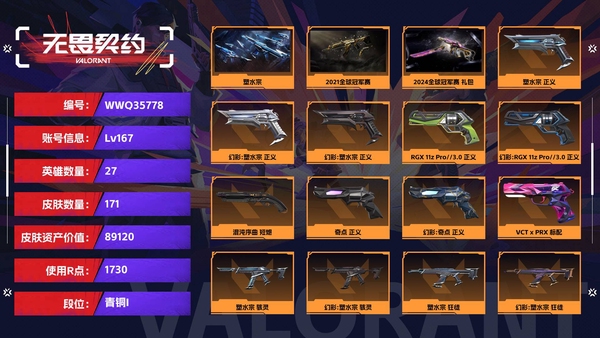 无畏契约账号QQ【等级】167【段位】青铜I【皮肤资产价值】89120【使用R点】1730【英雄数量】27【皮肤数量】171【卡面数量】184【喷漆数量】142【挂饰数量】201【套装】塑水宗,2021全球冠军...