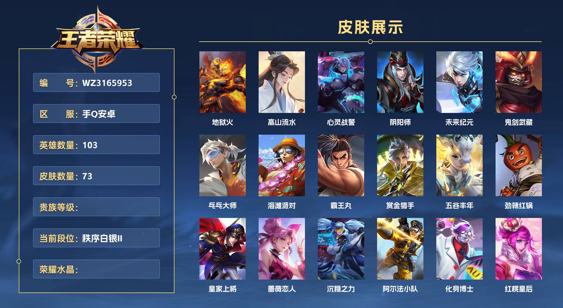 WZ3165953王者荣耀账号详情图1 WZ3165953王者荣耀账号详情图1