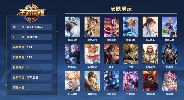王者荣耀账号安卓QQ手Q安卓 123英雄 115皮肤 贵族等级4  无双飞将 黎明之约 圣诞恋歌 雪上飞焰 高山流水 逐浪之夏 优雅恋人 水果甜心 修罗 神威 苍穹之光 阴阳师 时之奇旅 蔚蓝守将 华丽摇滚 节奏热...