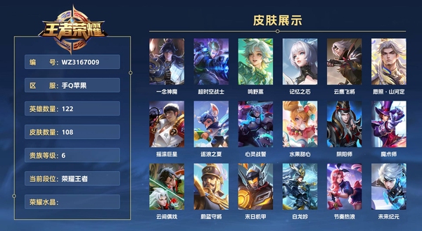 王者荣耀账号苹果QQ手Q苹果 122英雄 108皮肤 贵族等级6  一念神魔 超时空战士 鸣野蒿 记忆之芯 云鹰飞将 愿照·山河定 摇滚巨星 逐浪之夏 心灵战警 水果甜心 阴阳师 魔术师 云间偶戏 蔚蓝守将 末日机...