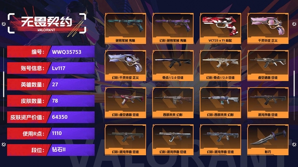 无畏契约账号QQ【等级】117【段位】钻石II【皮肤资产价值】64350【使用R点】1110【英雄数量】27【皮肤数量】78【卡面数量】82【喷漆数量】66【挂饰数量】75【套装】掠影 礼包，离子武器//2.0...