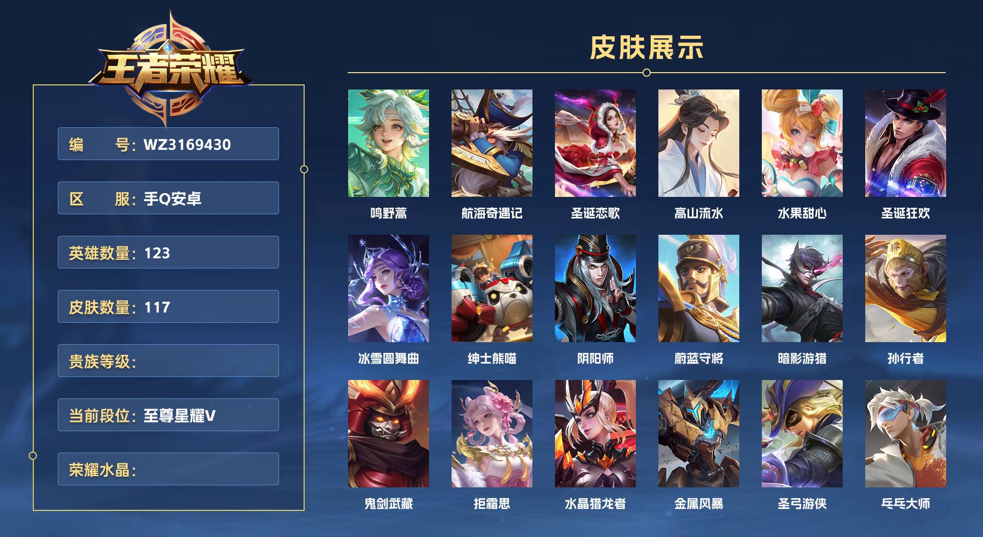 WZ3169430王者荣耀账号详情图1 WZ3169430王者荣耀账号详情图1