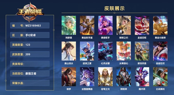 王者荣耀账号安卓QQ手Q安卓 123英雄 209皮肤  鸣野蒿 黄金射手座 偶像歌手 黎明之约 圣诞恋歌 黄金分割率 高山流水 逐浪之夏 心灵战警 水果甜心 箭羽风息 圣诞狂欢 修罗 冰雪圆舞曲 苍穹之光 阴阳师 ...