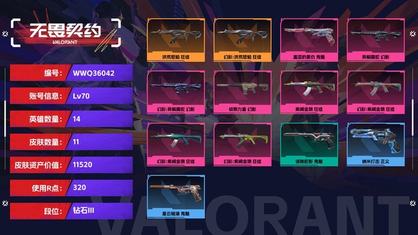 无畏契约账号QQ【等级】70【段位】钻石III【皮肤资产价值】11520【使用R点】320【英雄数量】14【皮肤数量】11【卡面数量】39【喷漆数量】25【挂饰数量】23【随身武器】盖亚的复仇-鬼魅,诡秘蛇影-...