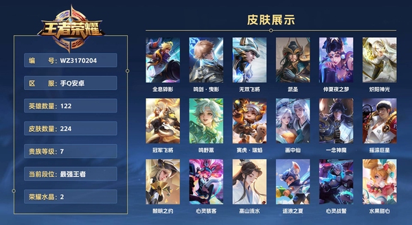 王者荣耀账号安卓QQ手Q安卓 122英雄 224皮肤 贵族等级7 已兑换荣耀水晶数2  全息碎影 鸣剑·曳影 无双飞将 武圣 仲夏夜之梦 炽阳神光 冠军飞将 鸣野蒿 寅虎·瑞焰 画中仙 一念神魔 摇滚巨星 黎明之约...