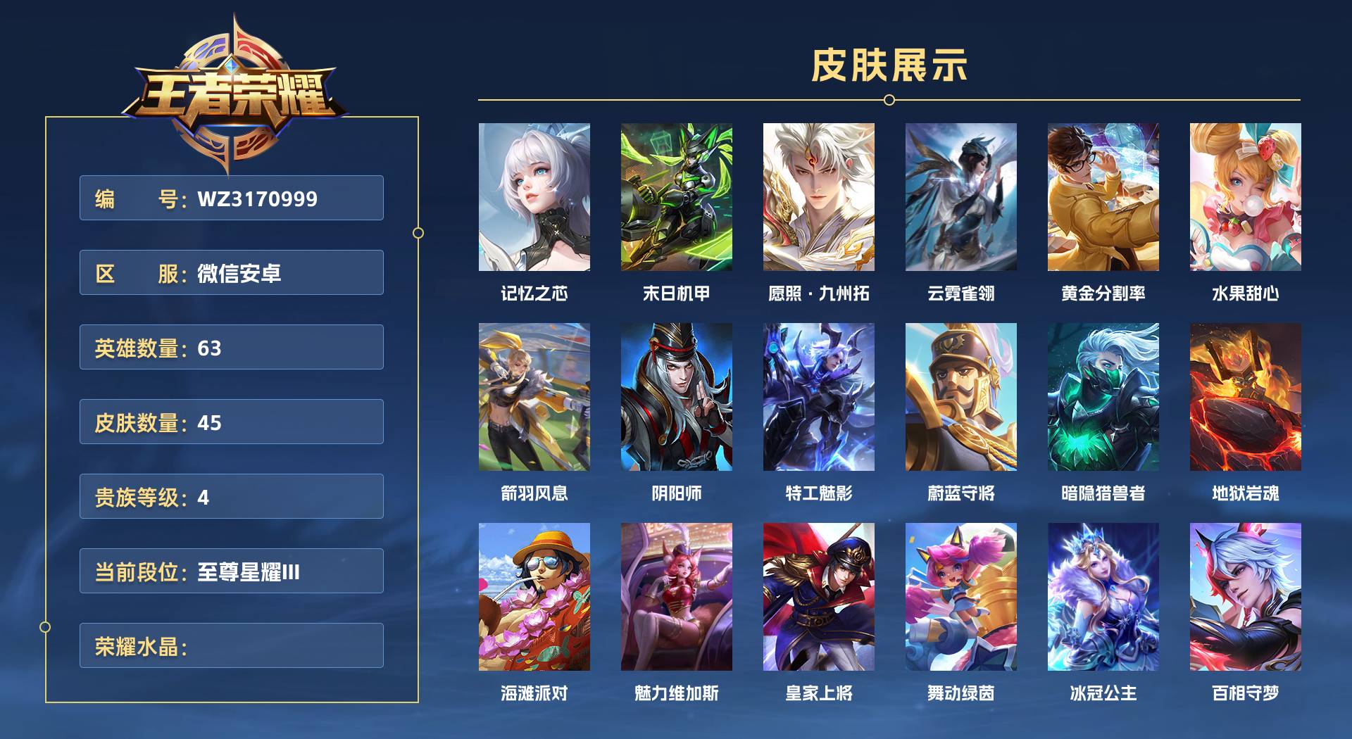 WZ3170999王者荣耀账号详情图1 WZ3170999王者荣耀账号详情图1
