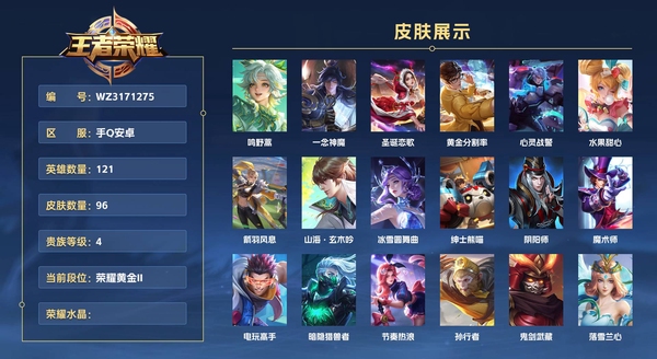 王者荣耀账号安卓QQ手Q安卓 121英雄 96皮肤 贵族等级4  鸣野蒿 一念神魔 圣诞恋歌 黄金分割率 心灵战警 水果甜心 箭羽风息 山海·玄木吟 冰雪圆舞曲 绅士熊喵 阴阳师 魔术师 电玩高手 暗隐猎兽者 节奏...