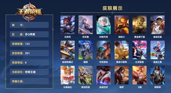 王者荣耀账号苹果QQ手Q苹果 123英雄 201皮肤 贵族等级6  白虎志 凤求凰 时雨天司 地狱火 黄金狮子座 摇滚巨星 航海奇遇记 梅西 夺宝奇兵 黄金分割率 心灵骇客 逐浪之夏 水果甜心 箭羽风息 圣诞狂欢 ...
