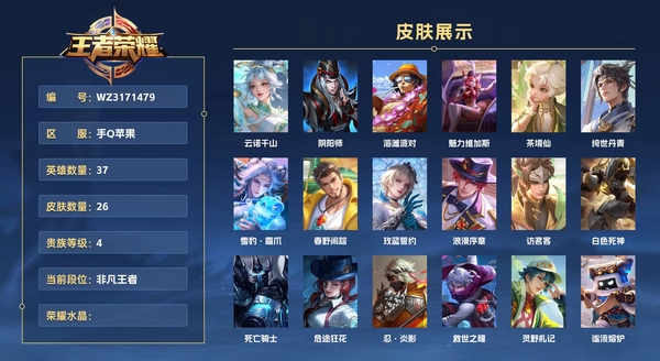 王者荣耀账号苹果QQ手Q苹果 37英雄 26皮肤 贵族等级4 发育路47段 小国戈娅 金标公孙离 云诺千山 阴阳师 海滩派对 魅力维加斯 茶境仙 绮世丹青 雪豹·霜爪 春野闲踪 玫蓝誓约 浪漫序章 访茗客 白色死神 死亡