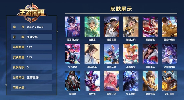 王者荣耀账号安卓QQ手Q安卓 122英雄 155皮肤 贵族等级5  仲夏夜之梦 鸣野蒿 摇滚巨星 黎明之约 圣诞恋歌 黄金分割率 心灵骇客 高山流水 逐浪之夏 水果甜心 圣诞狂欢 冰雪圆舞曲 阴阳师 魔术师 猫狗日...