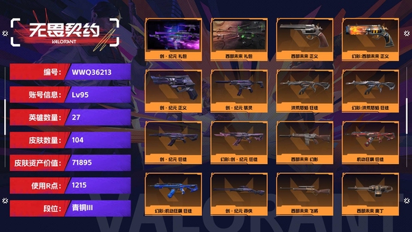 无畏契约账号QQ【等级】95【段位】青铜III【皮肤资产价值】71895【使用R点】1215【英雄数量】27【皮肤数量】104【卡面数量】95【喷漆数量】72【挂饰数量】99【套装】创·纪元 礼包，西部未来 礼...