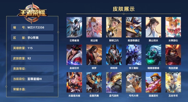王者荣耀账号苹果QQ手Q苹果 115英雄 92皮肤 云霓雀翎 前尘镜 黎明之约 航海奇遇记 高山流水 水果甜心 圣诞狂欢 修罗 阴阳师 特工魅影 暗隐猎兽者 鬼剑武藏 水晶猎龙者 金属风暴 圣弓游侠 乓乓大师 海...