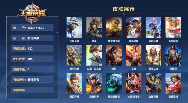 王者荣耀账号苹果VX微信苹果 122英雄 105皮肤 贵族等级5  无双飞将 武圣 黄金狮子座 摇滚巨星 逐浪之夏 水果甜心 箭羽风息 山海·玄木吟 修罗 飞衡 苍穹之光 阴阳师 蔚蓝守将 末日机甲 暗隐猎兽者 水...