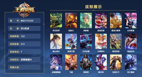 王者荣耀账号安卓QQ手Q安卓 122英雄 213皮肤 贵族等级7 末日机甲 地狱火 鸣野蒿 圣诞恋歌 黄金分割率 心灵骇客 高山流水 逐浪之夏 心灵战警 水果甜心 箭羽风息 圣诞狂欢 冰雪圆舞曲 飞衡 阴阳师 魔...