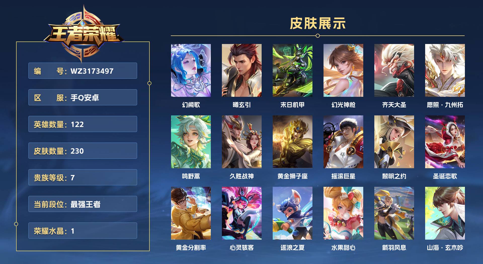 WZ3173497王者荣耀账号详情图1 WZ3173497王者荣耀账号详情图1
