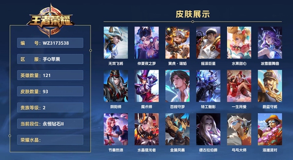 王者荣耀账号苹果QQ手Q苹果 【1.1W小国廉颇】【1W金标李信】121英雄 93皮肤 贵族等级7  无双飞将 仲夏夜之梦 寅虎·瑞焰 摇滚巨星 水果甜心 冰雪圆舞曲 阴阳师 魔术师 百相守梦 特工魅影 一生所爱 蔚蓝守