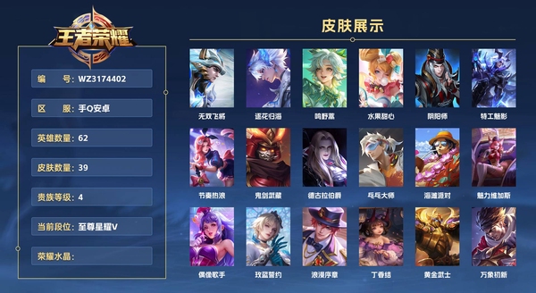 王者荣耀账号安卓QQ手Q安卓 62英雄 39皮肤 贵族等级4  无双飞将 逐花归海 鸣野蒿 水果甜心 阴阳师 特工魅影 节奏热浪 鬼剑武藏 德古拉伯爵 乓乓大师 海滩派对 魅力维加斯 偶像歌手 玫蓝誓约 浪漫序章 ...