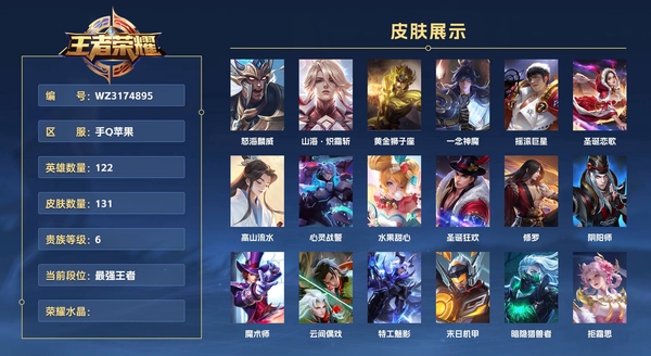 王者荣耀账号安卓QQ手Q苹果 122英雄 131皮肤 贵族等级6  怒海麟威 山海·炽霜斩 黄金狮子座 一念神魔 摇滚巨星 圣诞恋歌 高山流水 心灵战警 水果甜心 圣诞狂欢 修罗 阴阳师 魔术师 云间偶戏 特工魅影...