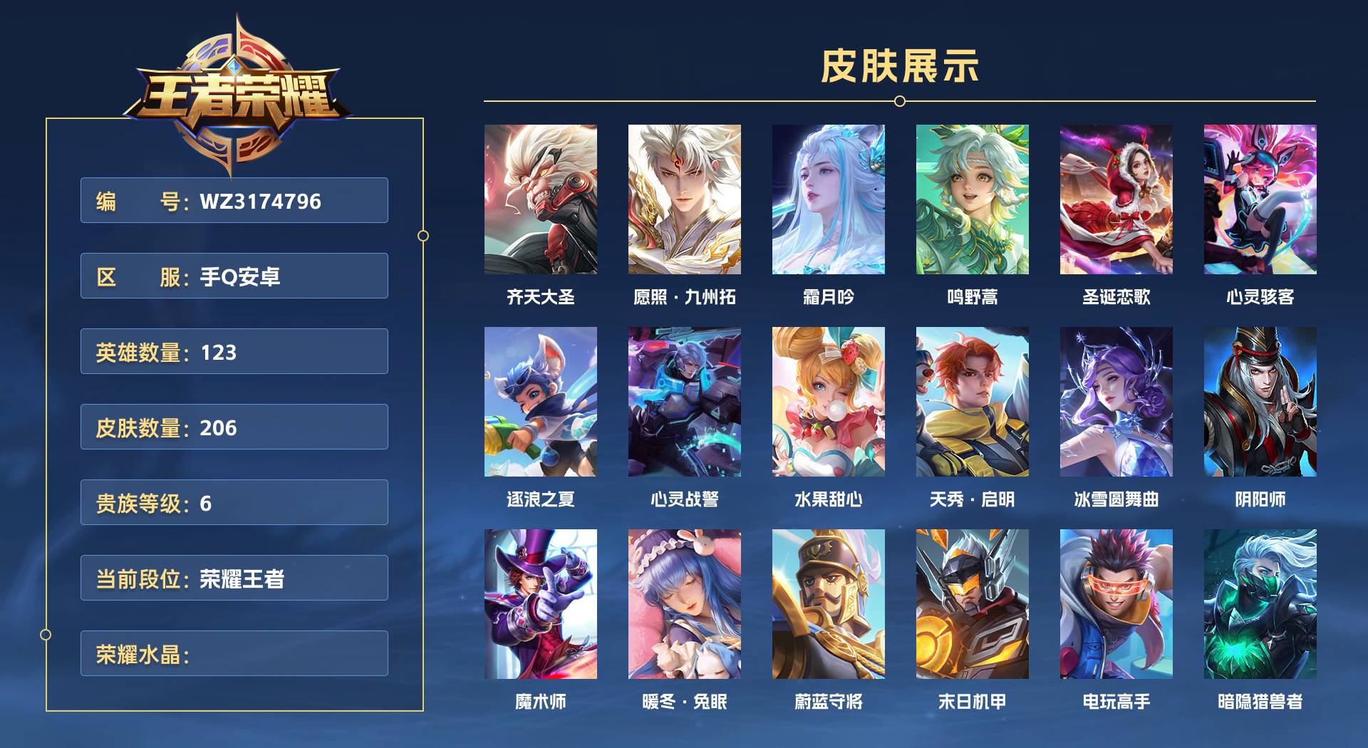 WZ3174796王者荣耀账号详情图1 WZ3174796王者荣耀账号详情图1