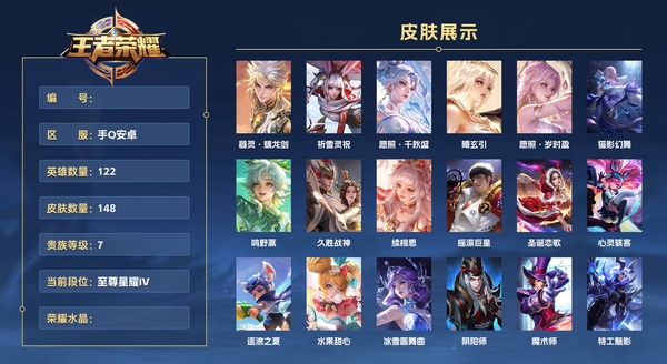 王者荣耀账号安卓QQ手Q安卓 122英雄 148皮肤 贵族等级7  器灵·螭龙剑 祈雪灵祝 愿照·千秋盛 曦玄引 愿照·岁时盈 猫影幻舞 鸣野蒿 久胜战神 续相思 摇滚巨星 圣诞恋歌 心灵骇客 逐浪之夏 水果甜心 ...
