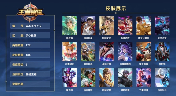 王者荣耀账号安卓QQ手Q安卓 122英雄 186皮肤 贵族等级6  鸣野蒿 摇滚巨星 黎明之约 圣诞恋歌 黄金分割率 心灵战警 水果甜心 箭羽风息 圣诞狂欢 冰雪圆舞曲 绅士熊喵 阴阳师 魔术师 云间偶戏 蔚蓝守将...