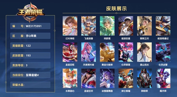 王者荣耀账号苹果QQ手Q苹果 122英雄 193皮肤 贵族等级3  幻光神枪 飞鸢探春 鸣野蒿 摇滚巨星 黎明之约 航海奇遇记 圣诞恋歌 天狼溯光者 黄金分割率 心灵骇客 高山流水 心灵战警 水果甜心 圣诞狂欢 冰...