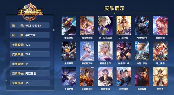 王者荣耀账号安卓QQ手Q安卓【1.4W小国张飞】【1.4W小国桑启】【1.2W金标鬼谷子】【1W金标雅典娜】【金标貂蝉】【金标瑶】【金标嫦娥】【金标刘邦】 125英雄 702皮肤 贵族等级11 已兑换荣耀水晶数19 全