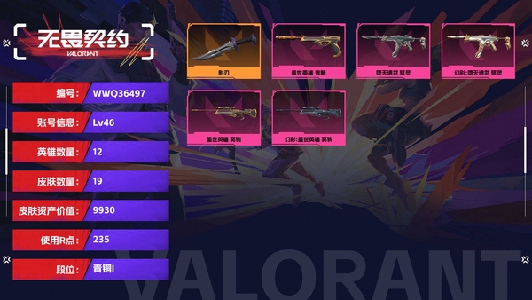 无畏契约账号QQ【等级】46【段位】青铜I【皮肤资产价值】9930【使用R点】235【英雄数量】12【皮肤数量】19【卡面数量】23【喷漆数量】14【挂饰数量】20【随身武器】盖世英雄-鬼魅【冲锋枪】堕天遗武-...