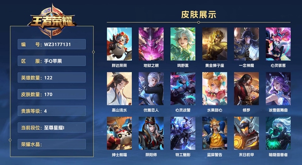 王者荣耀账号安卓QQ手Q苹果 122英雄 170皮肤 贵族等级4  胖达荣荣 地狱之眼 鸣野蒿 黄金狮子座 一念神魔 心灵骇客 高山流水 优雅恋人 心灵战警 水果甜心 修罗 冰雪圆舞曲 绅士熊喵 阴阳师 特工魅影 ...