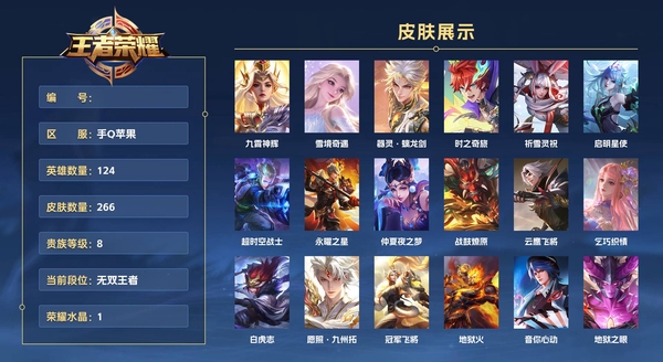 王者荣耀账号苹果QQ手Q苹果 124英雄 266皮肤 贵族等级8 已兑换荣耀水晶数1  九霄神辉 雪境奇遇 器灵·螭龙剑 时之奇旅 祈雪灵祝 启明星使 超时空战士 永曜之星 仲夏夜之梦 战鼓燎原 云鹰飞将 乞巧织情...