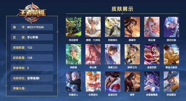 王者荣耀账号苹果QQ手Q苹果 122英雄 128皮肤 贵族等级3  末日机甲 愿照·九州拓 炽阳神光 枫霜尽 前尘镜 逐花归海 鸣野蒿 映山客 挚爱之约 黎明之约 圣诞恋歌 黄金分割率 优雅恋人 水果甜心 圣诞狂欢...