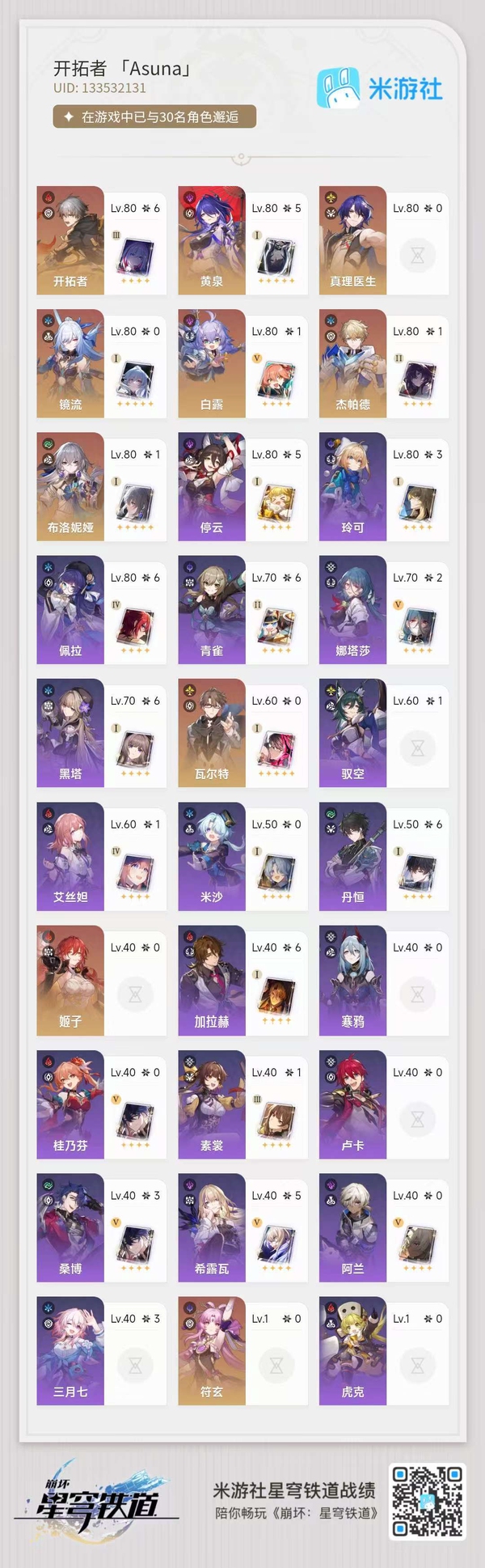 星穹铁道账号mihoyo服星铁成品号  5命黄泉 1命白露 6命开拓者 0命符玄