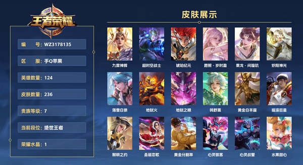王者荣耀账号苹果QQ手Q苹果 124英雄 236皮肤 贵族等级7 已兑换荣耀水晶数1  九霄神辉 超时空战士 琥珀纪元 愿照·岁时盈 乘龙·问璇玑 炽阳神光 落雪白狼 地狱火 地狱之眼 鸣野蒿 黄金白羊座 摇滚巨星...