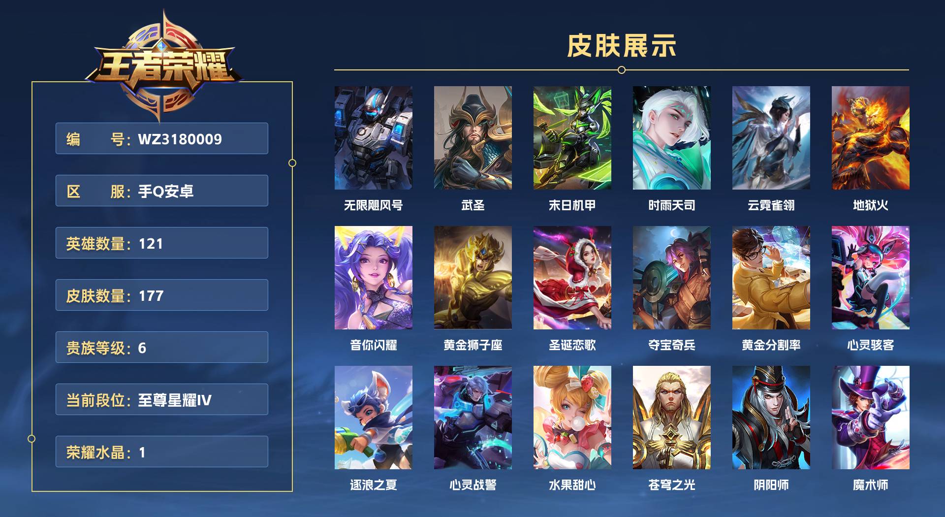 WZ3180009王者荣耀账号详情图1 WZ3180009王者荣耀账号详情图1