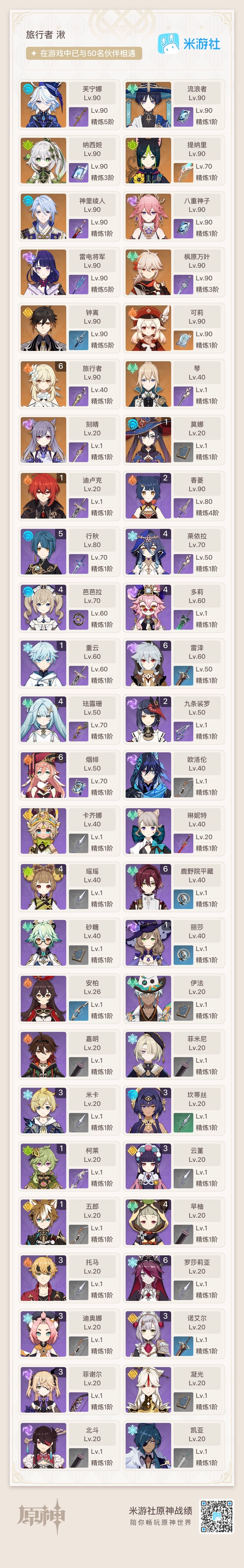 原神账号官服 天空岛56级/女主/14五星角色