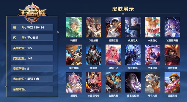 王者荣耀账号安卓QQ手Q安卓 122英雄 149皮肤 贵族等级5  鸣野蒿 久胜战神 摇滚巨星 优雅恋人 水果甜心 冰雪圆舞曲 绅士熊喵 阴阳师 猫狗日记 特工魅影 节奏热浪 鬼剑武藏 拒霜思 水晶猎龙者 金属风暴...