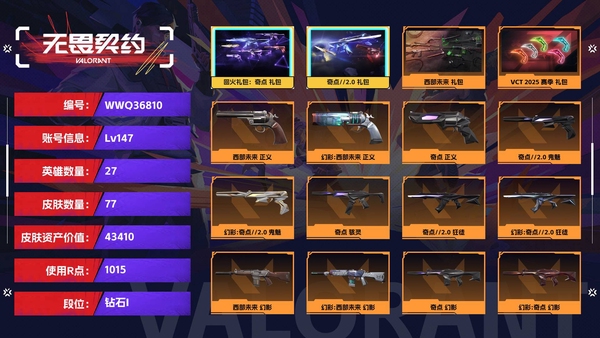 无畏契约账号QQ【等级】147【段位】钻石I【皮肤资产价值】43410【使用R点】1015【英雄数量】27【皮肤数量】77【卡面数量】113【喷漆数量】86【挂饰数量】99【套装】回火礼包：奇点 礼包，奇点//...