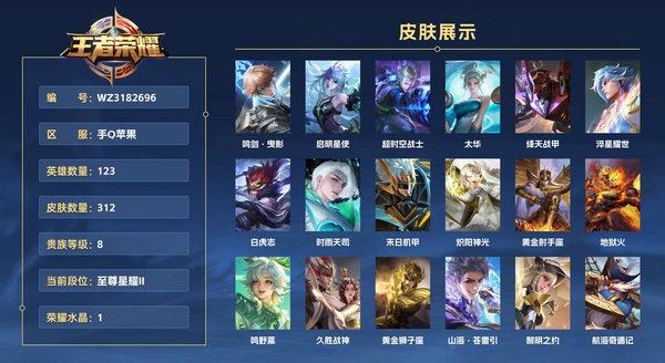 王者荣耀账号苹果QQ手Q苹果 123英雄 312皮肤 贵族等级8 已兑换荣耀水晶数1  鸣剑·曳影 启明星使 超时空战士 太华 绛天战甲 淬星耀世 白虎志 时雨天司 末日机甲 炽阳神光 黄金射手座 地狱火 鸣野蒿 ...