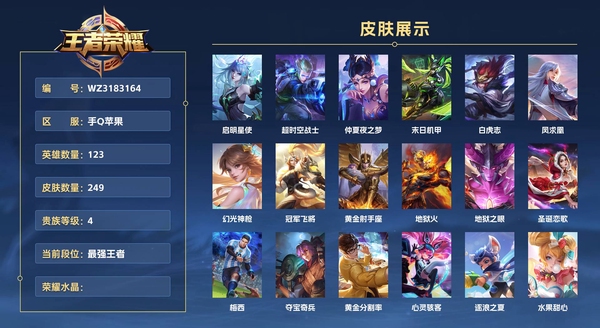 王者荣耀账号苹果QQ手Q苹果 123英雄 249皮肤 贵族等级4  启明星使 超时空战士 仲夏夜之梦 末日机甲 白虎志 凤求凰 幻光神枪 冠军飞将 黄金射手座 地狱火 地狱之眼 圣诞恋歌 梅西 夺宝奇兵 黄金分割率...
